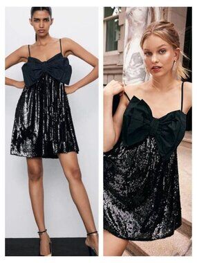 NWT ZARA Bow Sequin Mini Dress Size XS Black